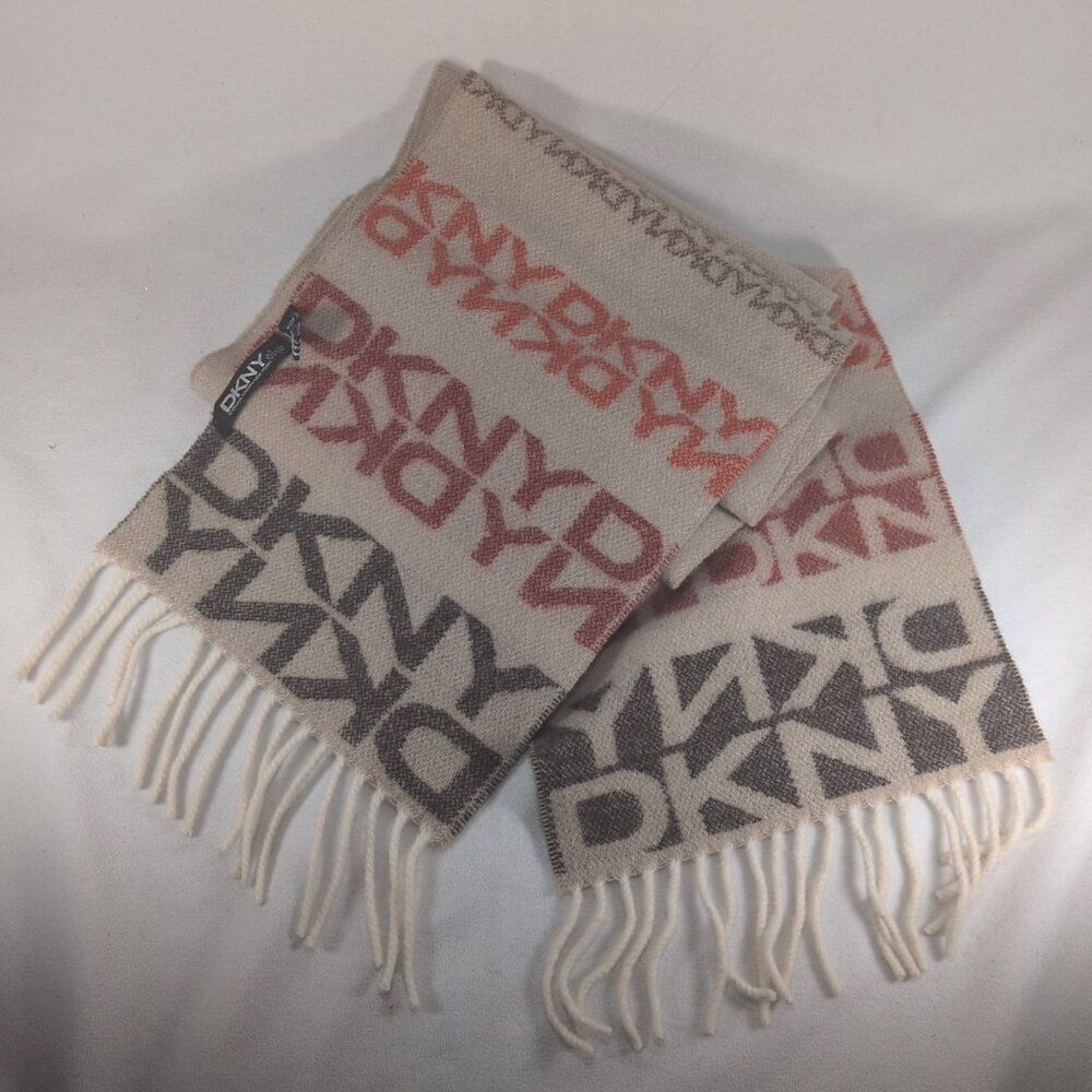 DKNY Wool Scarf Beige Brown Red Rectangle Rectangular Fringe Monogram Unisex O/S